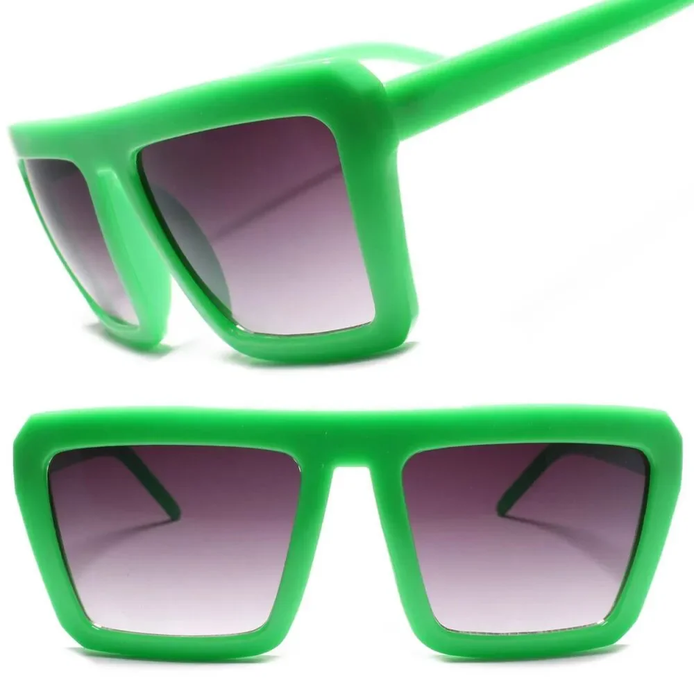 Neon Green Square Sunglasses Gray Gradient Lens Retro 80s 90s